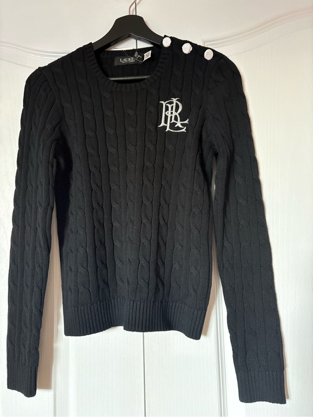 Lauren Ralph Lauren Black Cable-Knit Crewneck Sweater with Shoulder Buttons